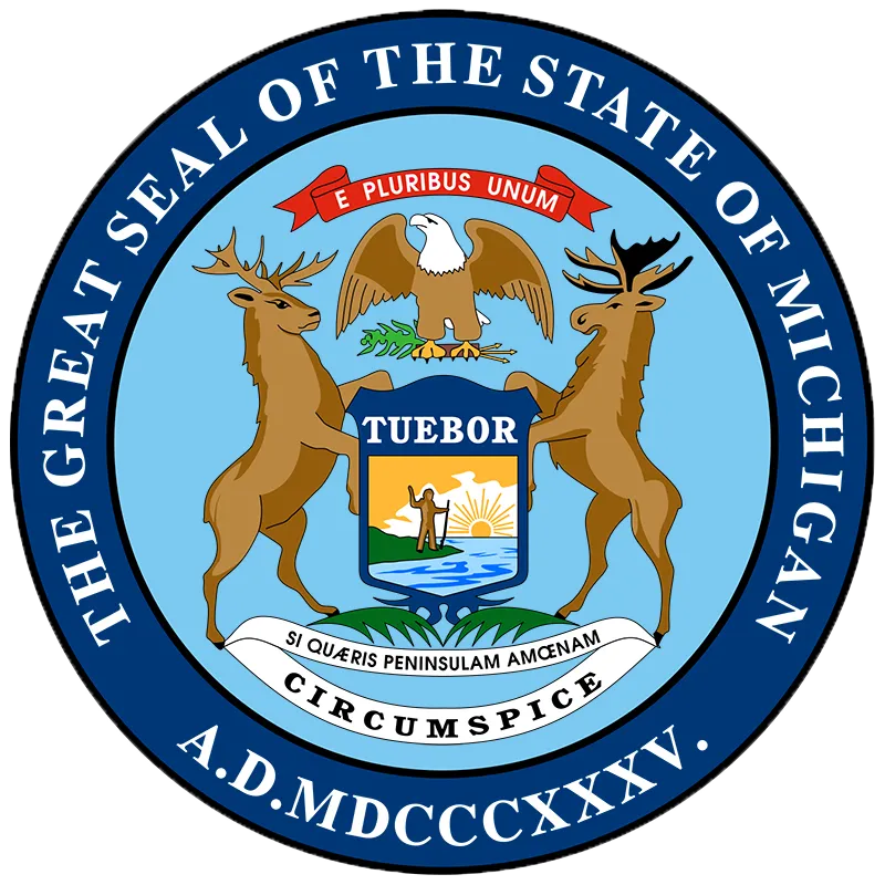 Great Seal of the State of Michigan with elk, moose, eagle, shield, and Latin motto