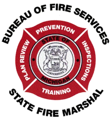 Bureau of Fire Services State Fire Marshal logo with red Maltese cross and Michigan seal