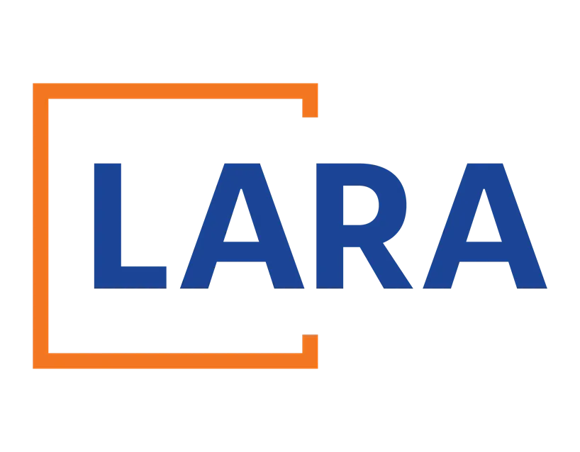 LARA logo with blue letters framed by an orange corner outline