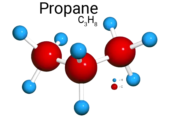 Propane molecule model with red carbon atoms, blue hydrogen atoms, and ball-and-stick bonds